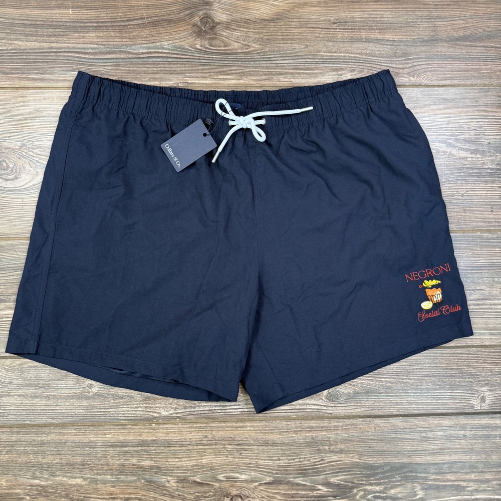 Collars & Co Mens Size 3XL‎ Swim Trunks Navy Negroni Social Club Embroidered New